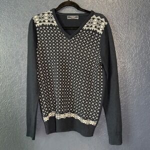 Zara Man Navy Blue Fair Isle Pattern V Neck Sweater Size Medium